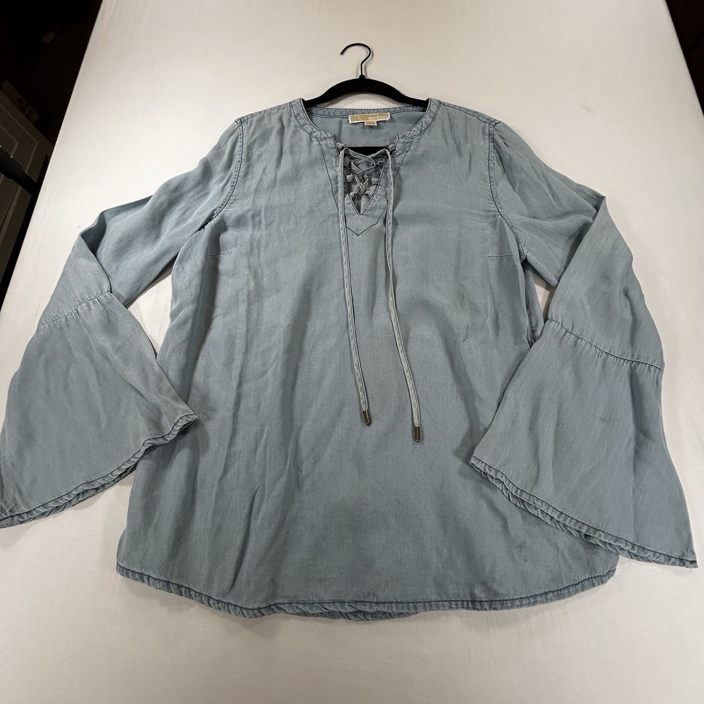 Michael Kors Lace Up Chain Blouse Top Denim Blue Size L